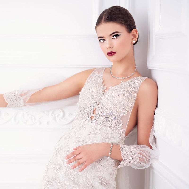 Glenmal Pearl Rhinestone Jewelry Set for Women Pearl Necklace Bracelet Earrings for Wedding Birthday Bridal Shower Tea Party - Image 2